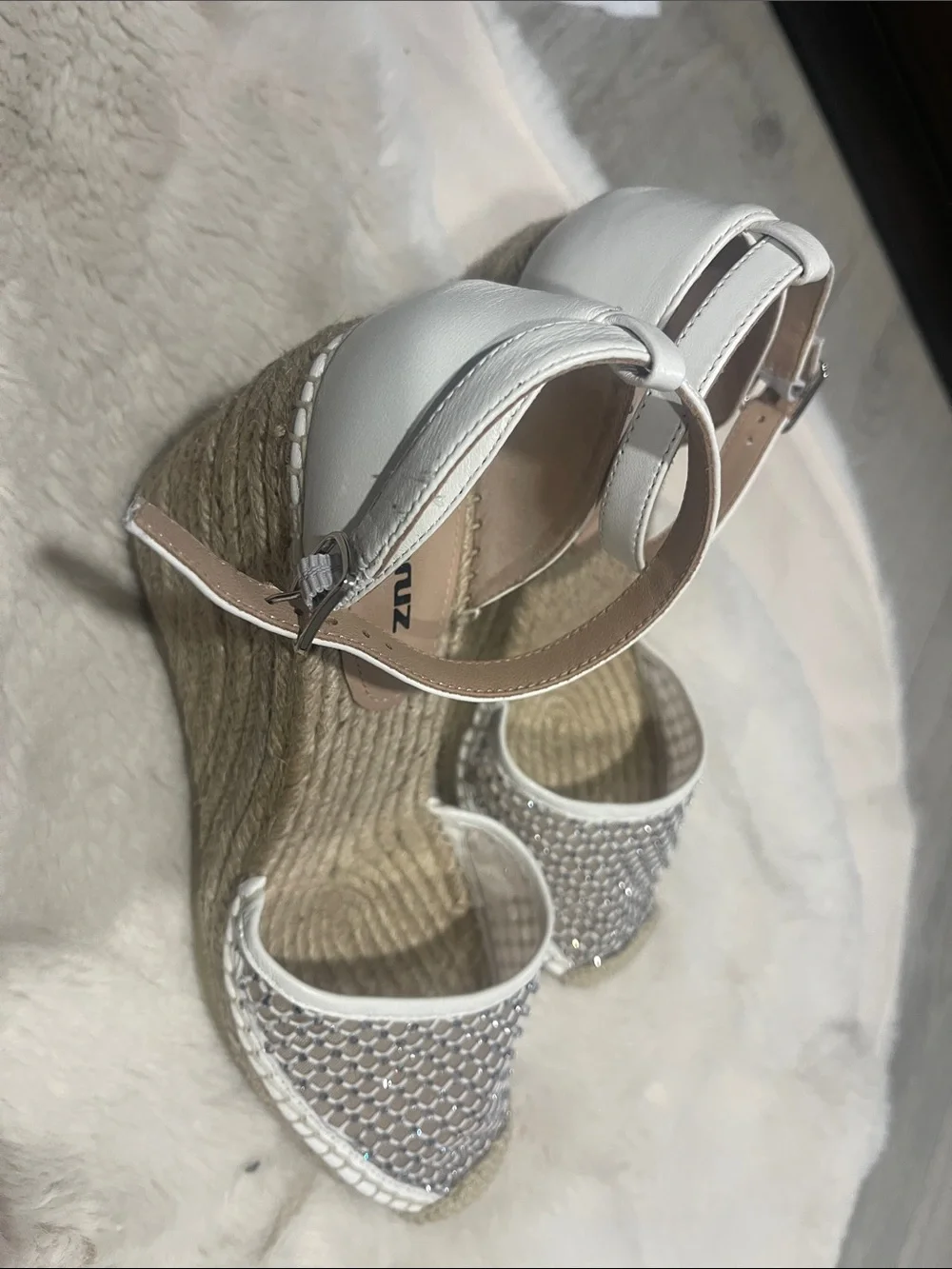 White Woven Espadrille Wedge Sandals with Ankle Strap